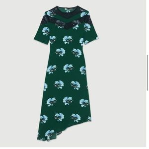 Maje Asymetric printed dress with lace NWT
